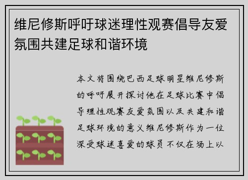 维尼修斯呼吁球迷理性观赛倡导友爱氛围共建足球和谐环境 维尼修斯呼吁球迷理性观赛倡导友爱氛围共建足球和谐环境